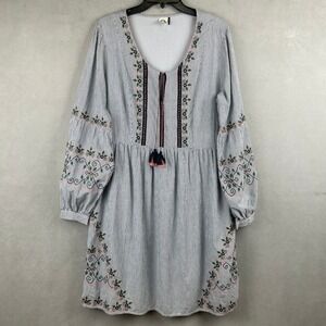 Akemi + Kin Striped Embroidered Floral Boho Peasant Tunic Dress Blue White 14
